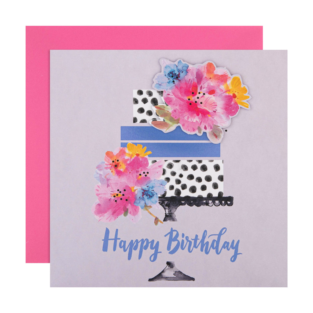 Birthday Card - Blue Floral Cake Design