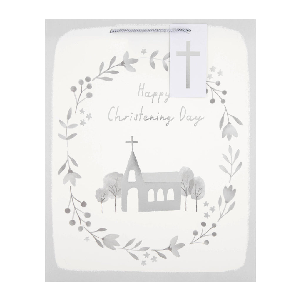 Large Christening Gift Bag - Grey Church Design