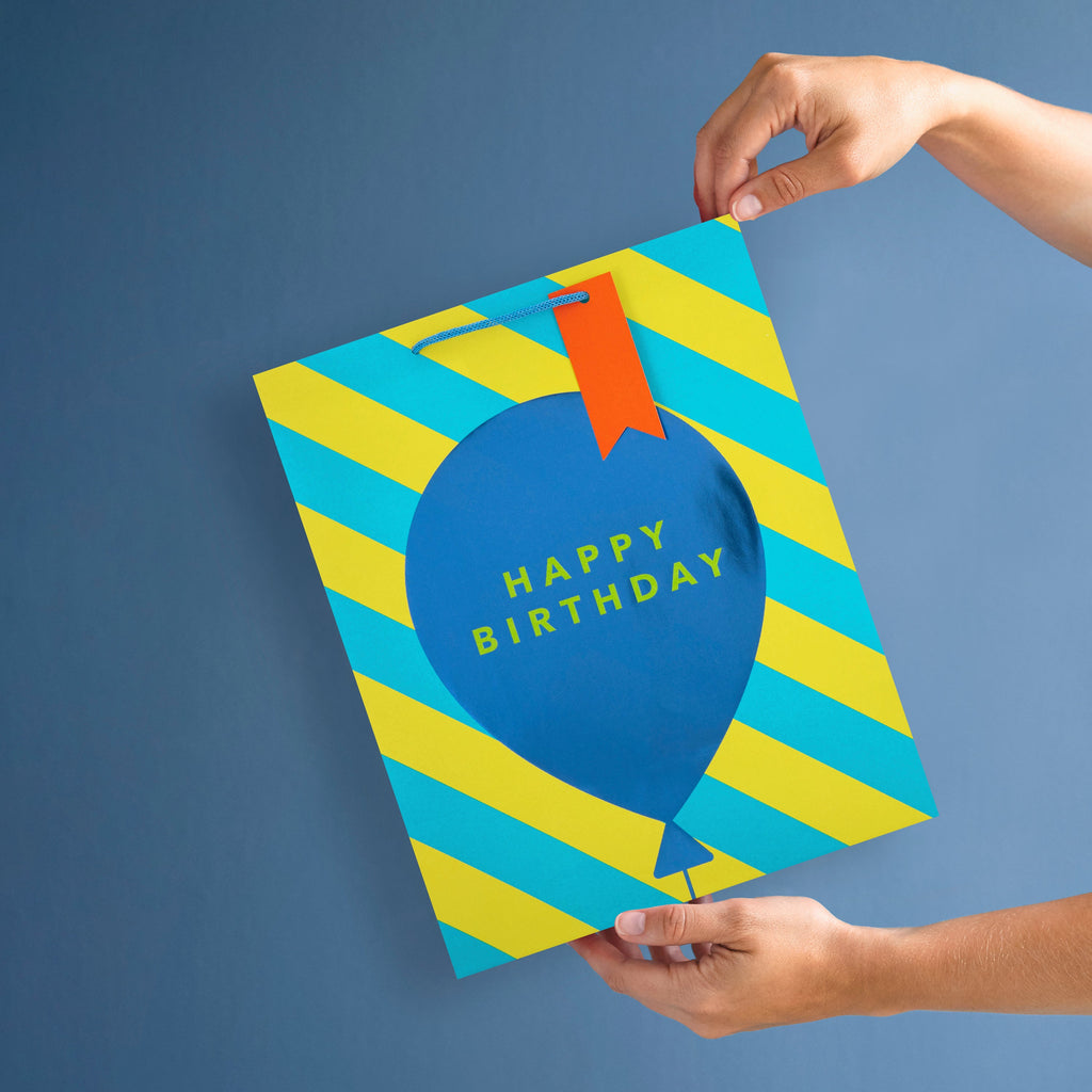 Large Birthday Gift Bag - Blue Balloon & Stripes Design