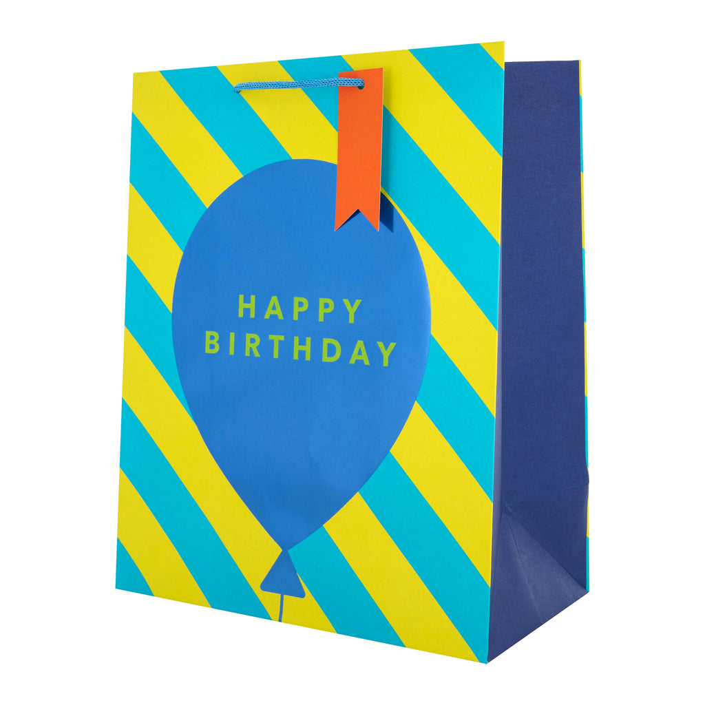 Large Birthday Gift Bag - Blue Balloon & Stripes Design