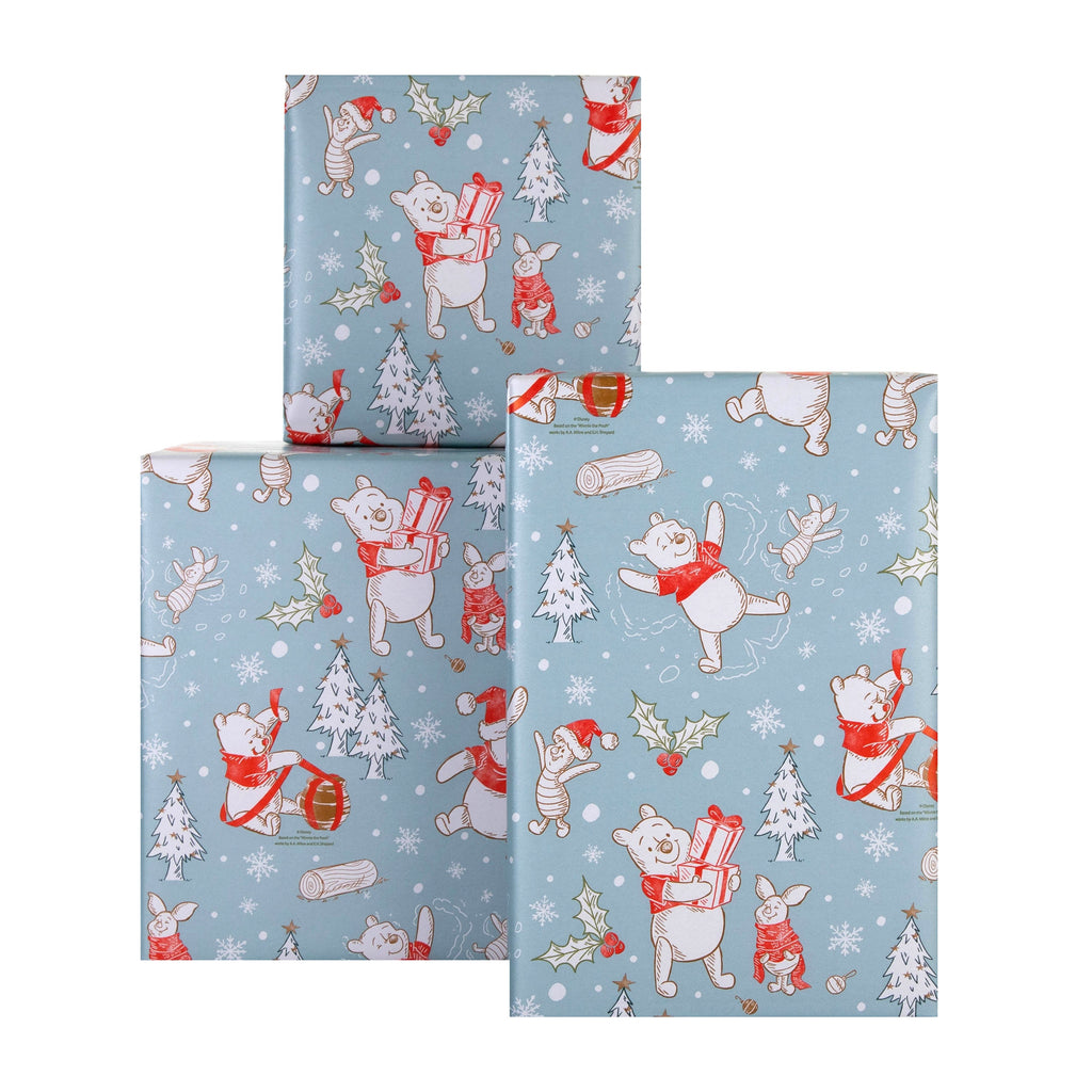 12m Multipack Christmas Wrapping Paper - 3 x 4M Rolls in 1 Blue Winnie the Pooh Design