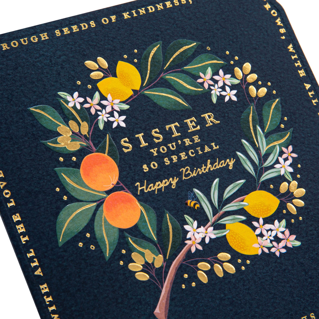Birthday Card for Sister - Blue Lemon & Oranges Flower Border Design