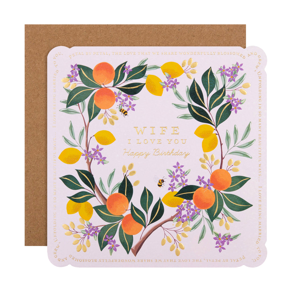 Birthday Card for Wife - White Lemon & Oranges Flower Border Design