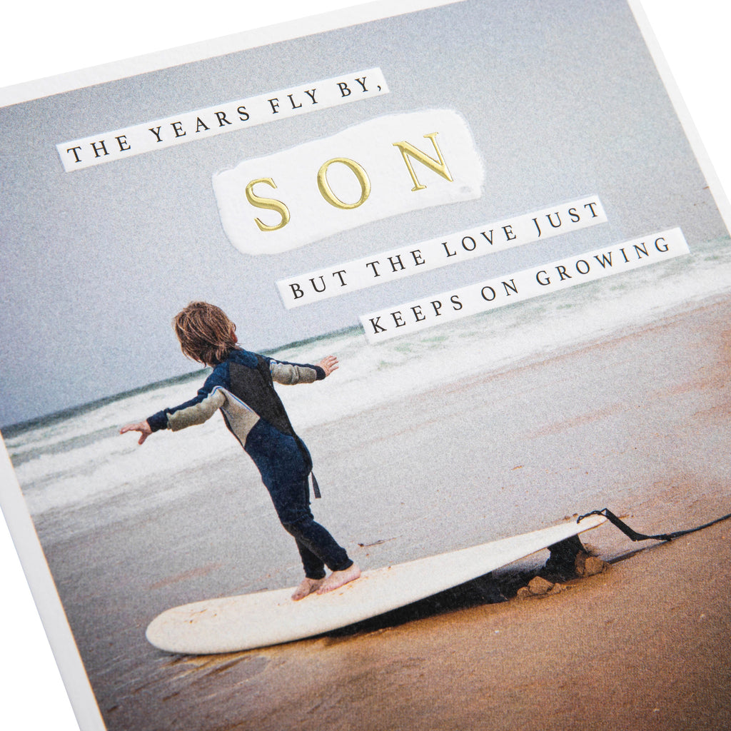 Any Occasion Birthday Card for Son - Child & Surf Board Photo Scene Design