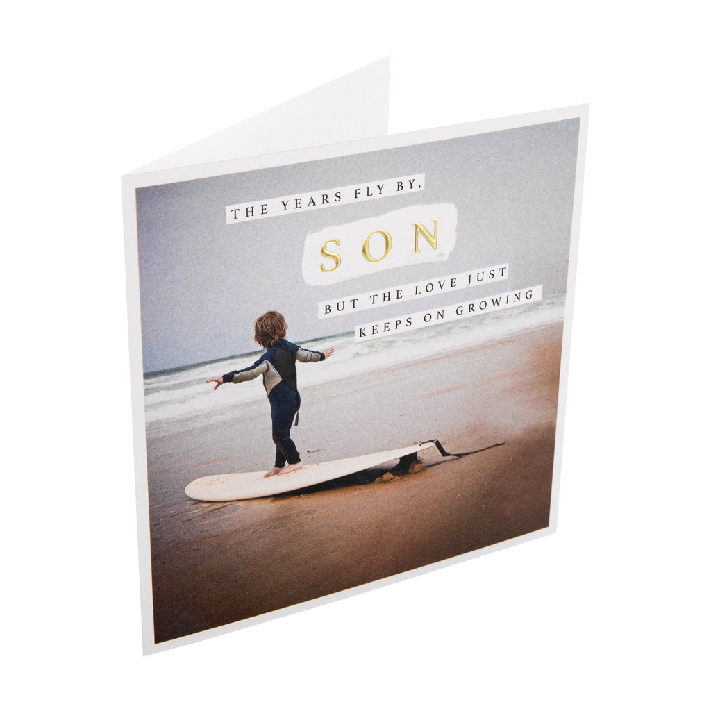 Any Occasion Birthday Card for Son - Child & Surf Board Photo Scene Design