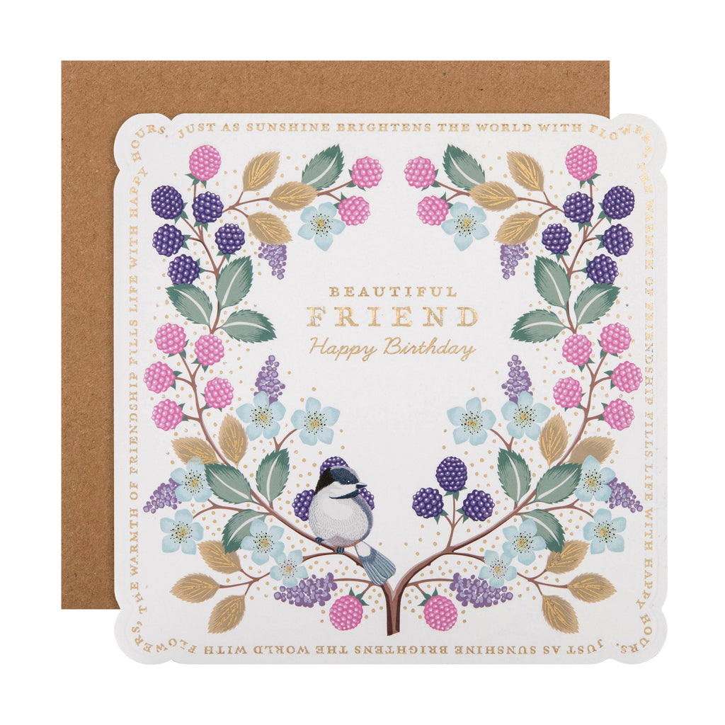 Birthday Card for Friend - Pink Flower Border with Bird Design