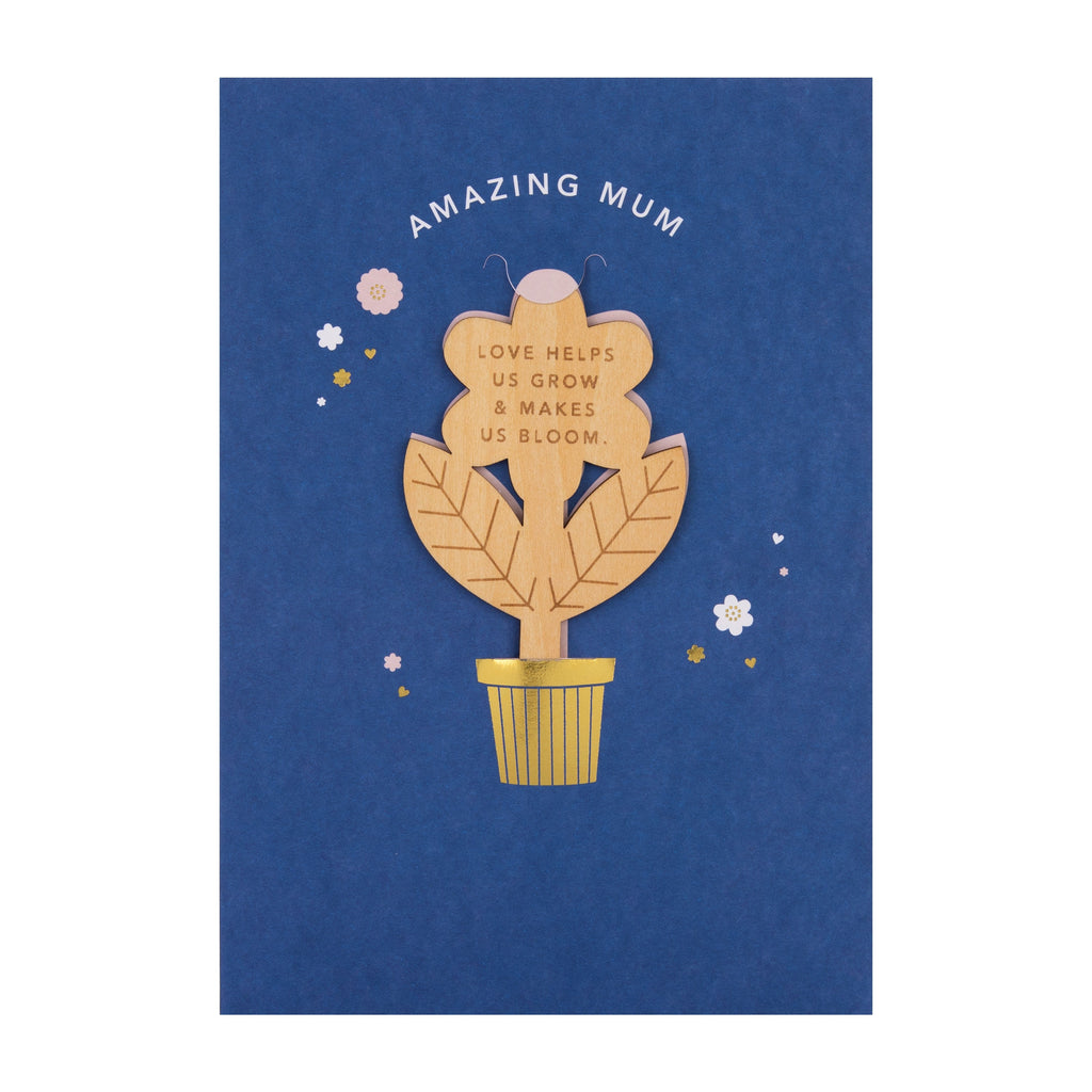 Mother's Day Card for Mum - Blue Design with Detachable Plant Pot Keepsake
