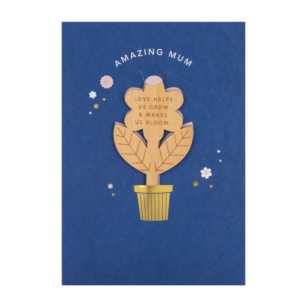 Mother's Day Card for Mum - Blue Design with Wooden Keepsake