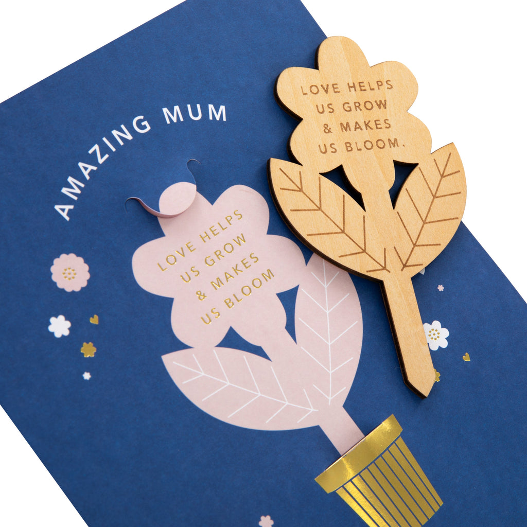 Mother's Day Card for Mum - Blue Design with Wooden Keepsake