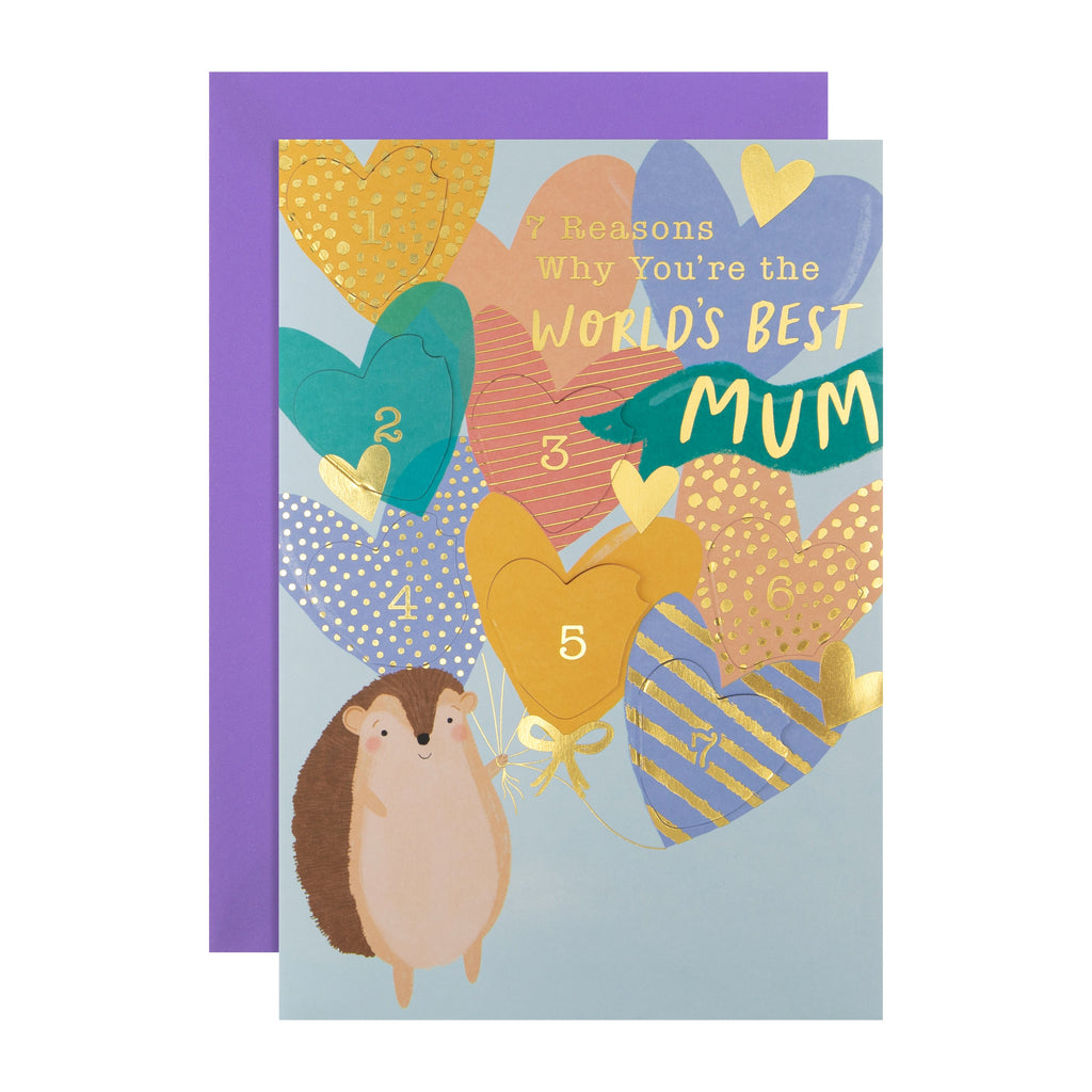 Mother's Day Card for Mum - Cute Hedgehog & Balloon Design