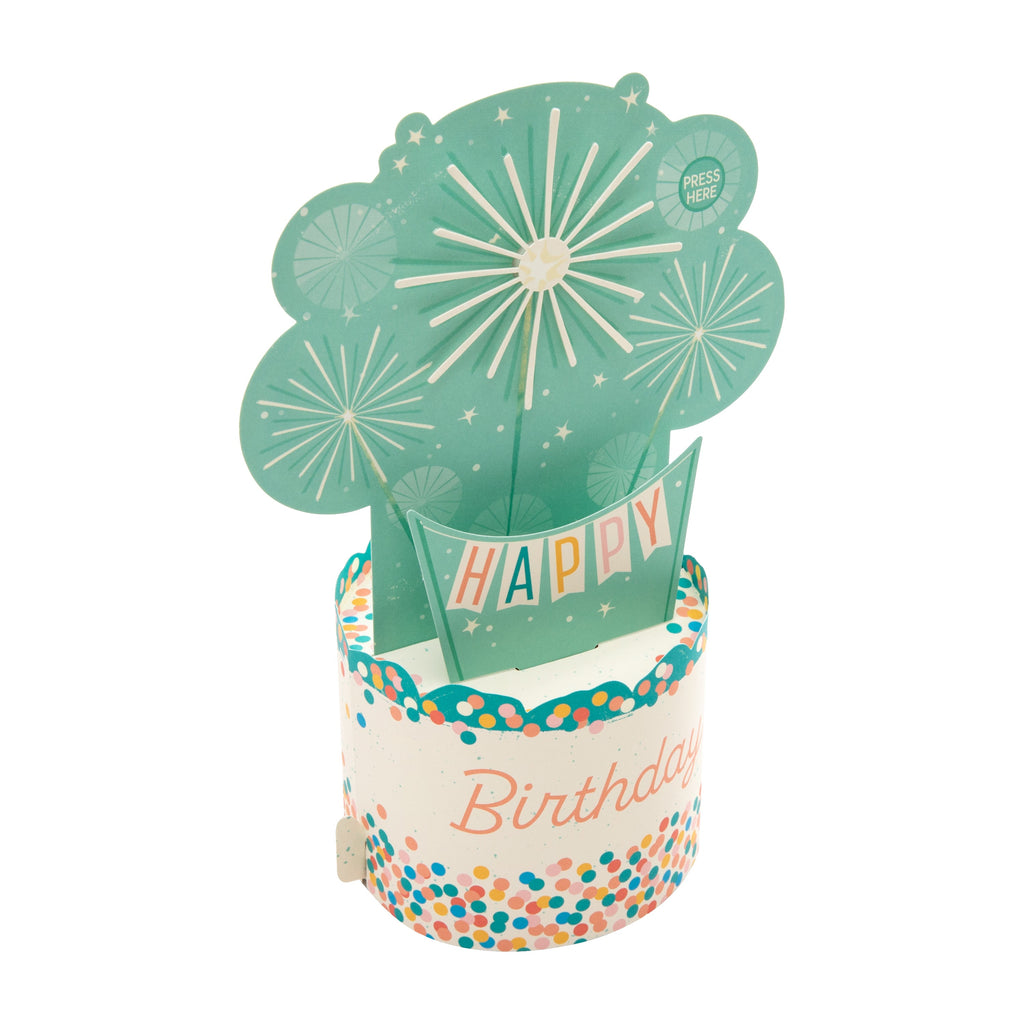 Birthday Card - 3D, Pop-Up, Musical & Motion Blue Sprinkler Design