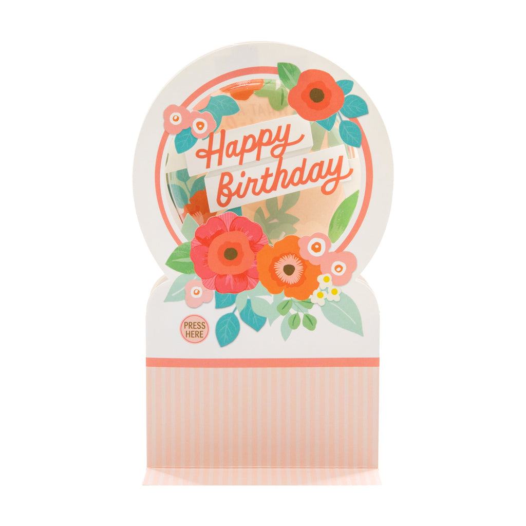 Birthday Card - 3D, Pop-Up, Musical & Motion Pink Snow Globe Design