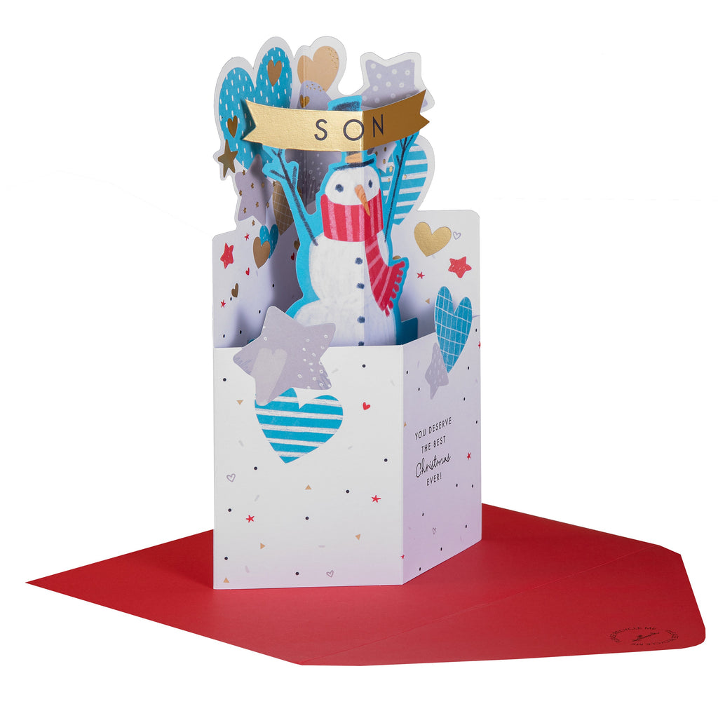 Christmas Card for Son - 3D Pop-Up Snowman Design
