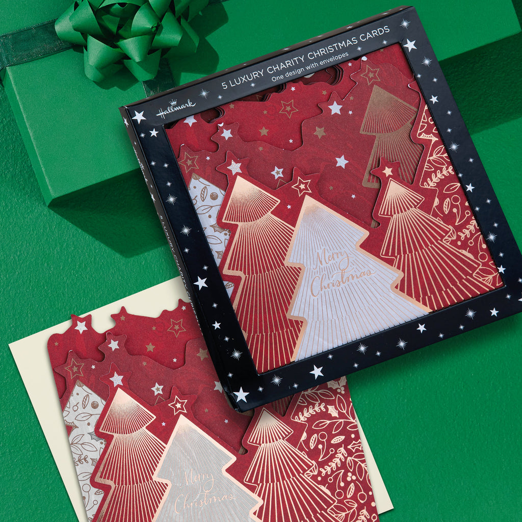 Luxury Boxed Christmas Cards - Pack of 5 Charity Cards in 1 Classic 'Jewel Trees' Design