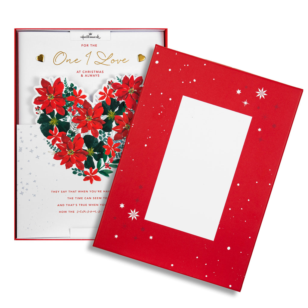 Luxury Boxed Christmas Card for One I Love - Traditional Illustrated Poinsettia Heart Design