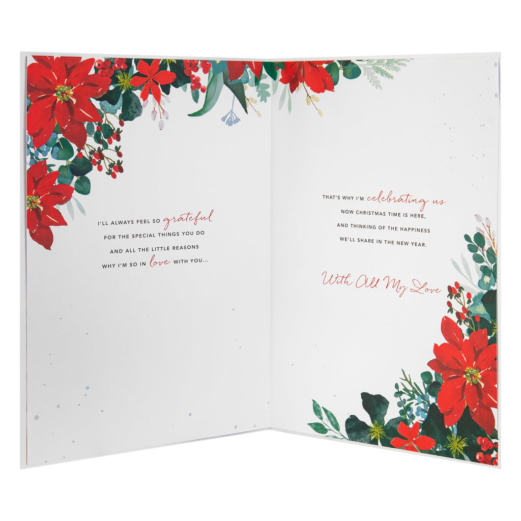 Luxury Boxed Christmas Card for One I Love - Traditional Illustrated Poinsettia Heart Design