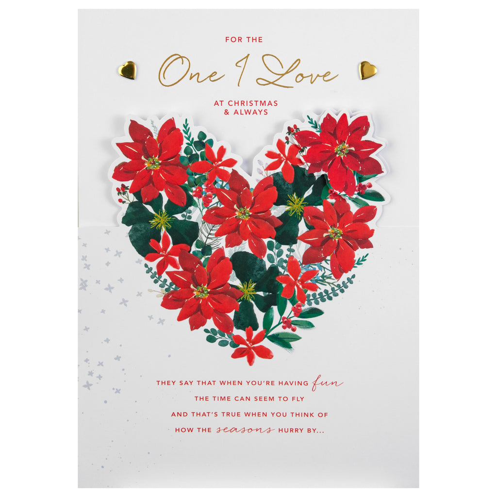 Luxury Boxed Christmas Card for One I Love - Traditional Illustrated Poinsettia Heart Design