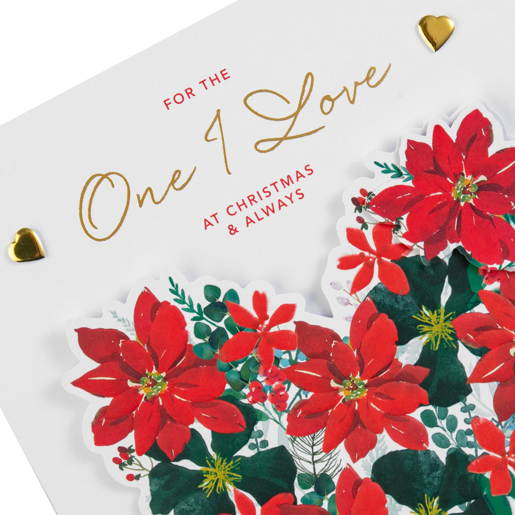 Luxury Boxed Christmas Card for One I Love - Traditional Illustrated Poinsettia Heart Design