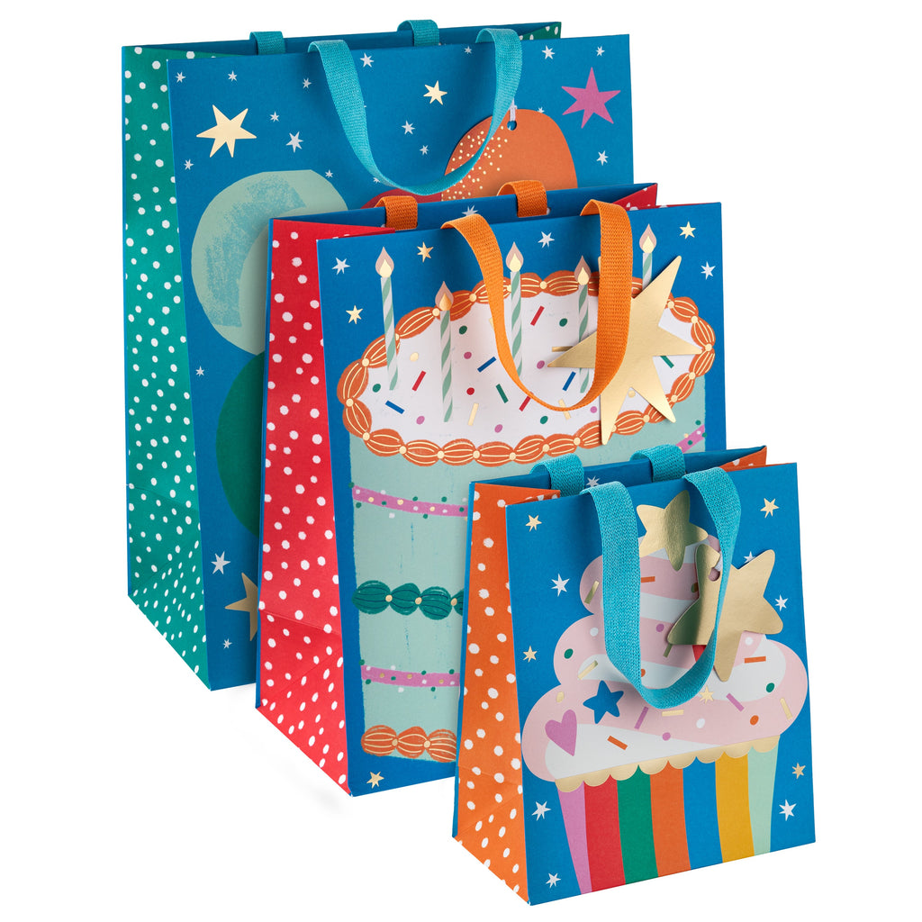 Multi Occasion Gift Bags - 3 Pack in 3 Sizes and 3 Colourful Designs