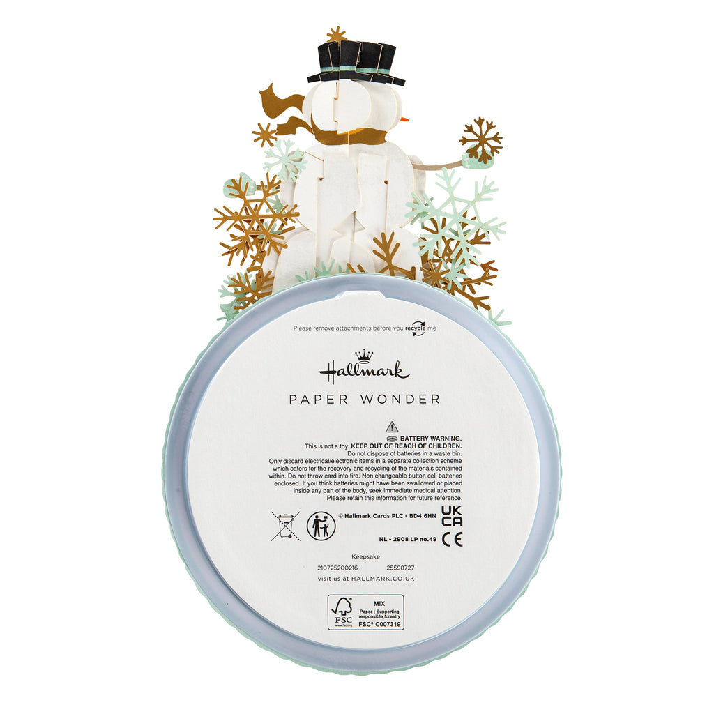 Paper Wonder Music & Motion 3D Pop-Up Snowman & Snowflakes Christmas Card