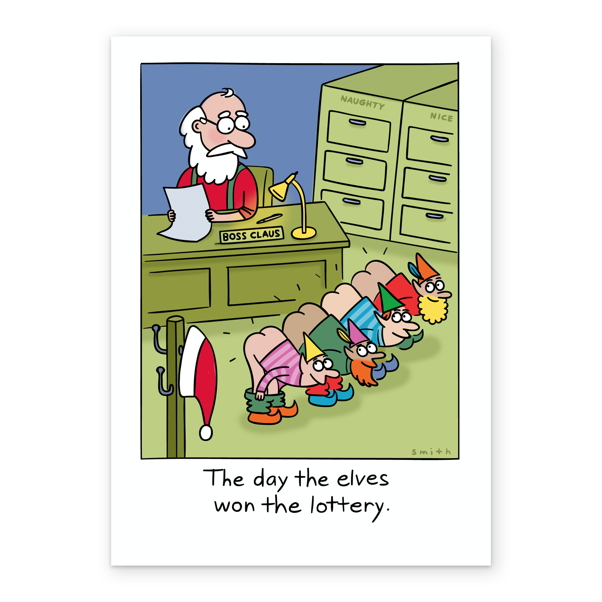 Hallmark Cartoon Personalised Funny Christmas Shoebox Cartoon Elves Win Lottery Card ...