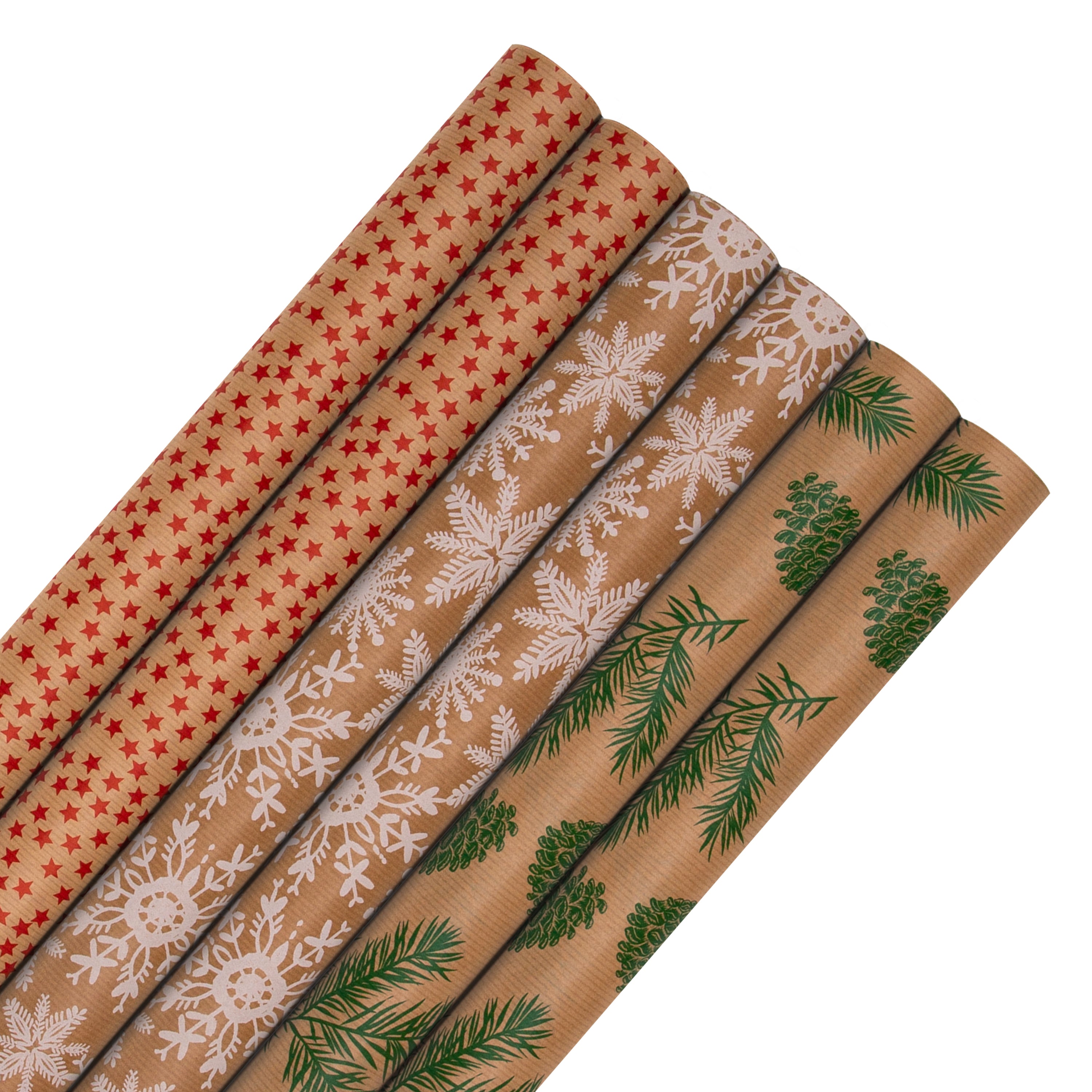 18M Kraft Christmas Wrapping Paper Bundle - 6 Rolls in 3 Designs