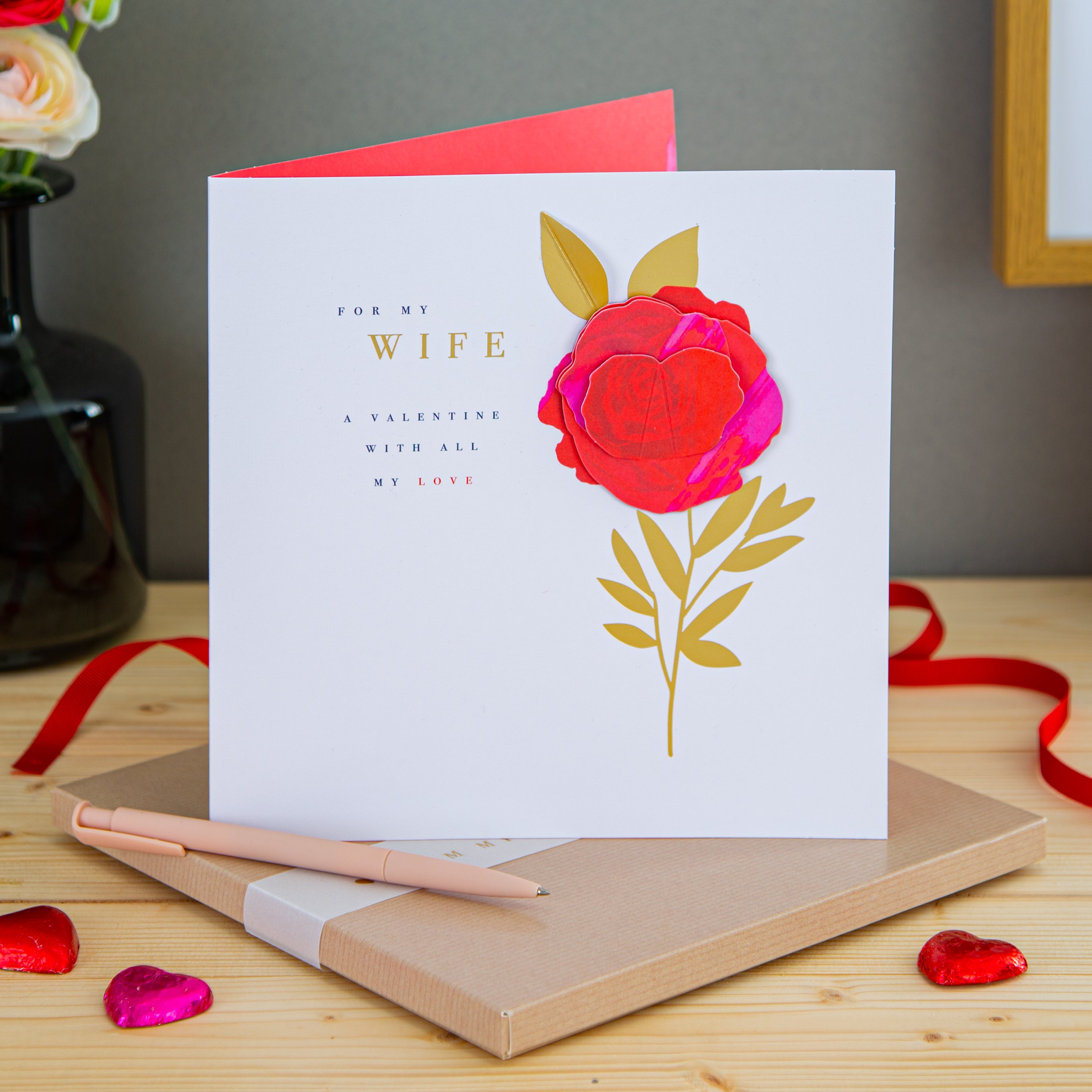 Valentines Card Wife Classic Rose Design Gold Foil