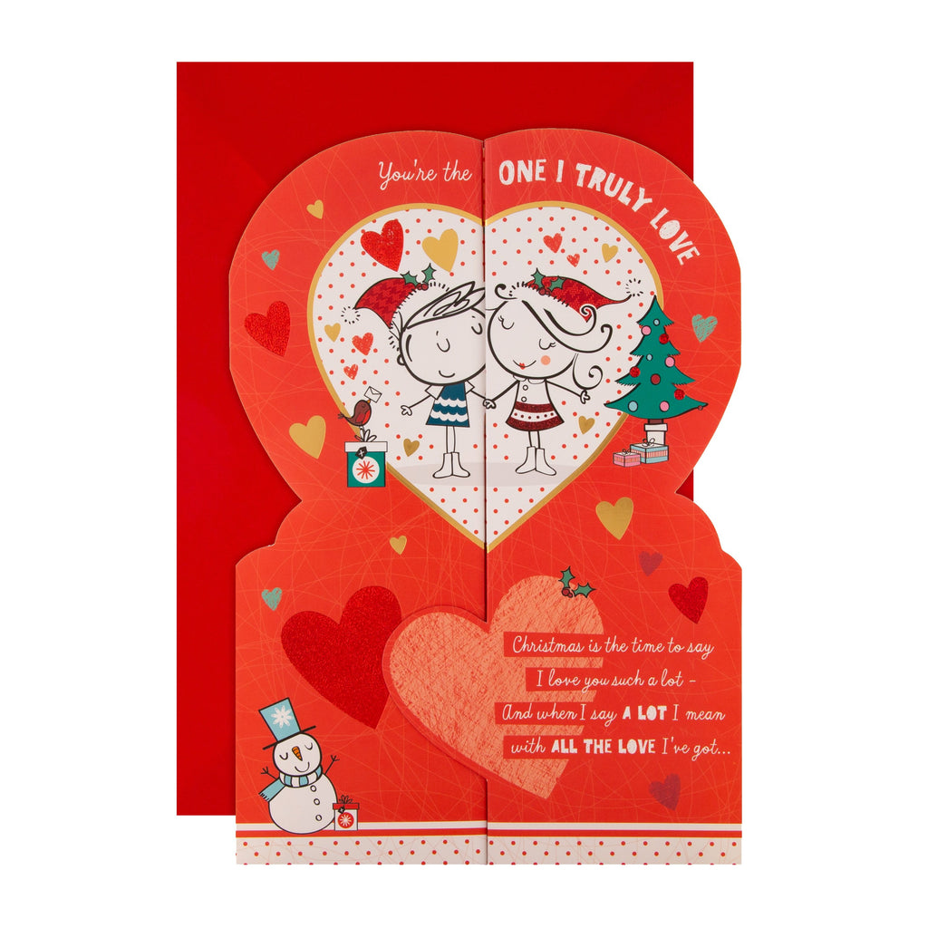 Christmas Card for the One I Love - Cute Heart Gate Fold Design with Gold and Red Foil