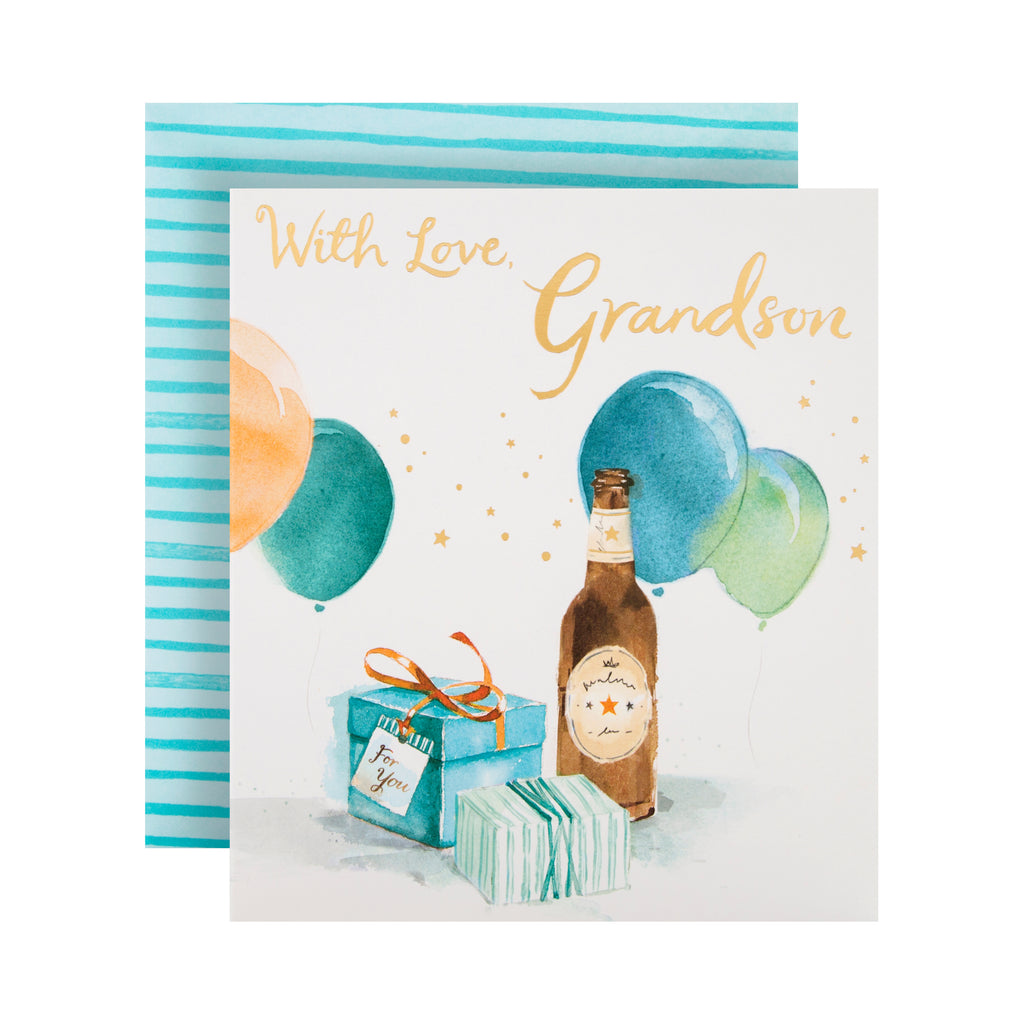 Birthday Card for Grandson - Classic Watercolour Design with Gold Foil