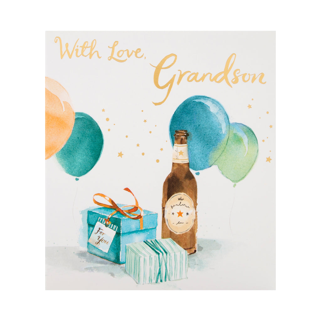 Birthday Card for Grandson - Classic Watercolour Design with Gold Foil