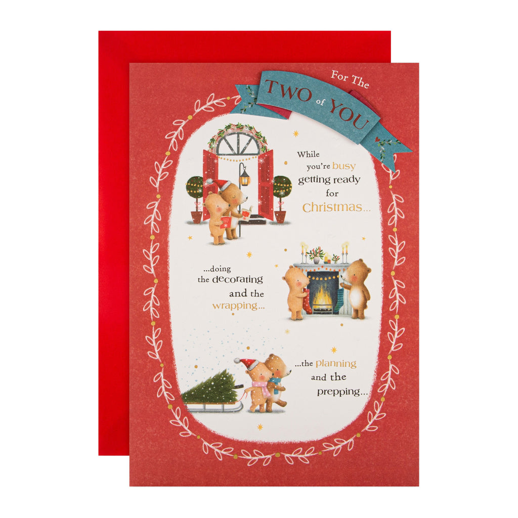 Christmas Card for Both of You - Cute Illustrated Bear Design with Gold Foil and 3D Add On