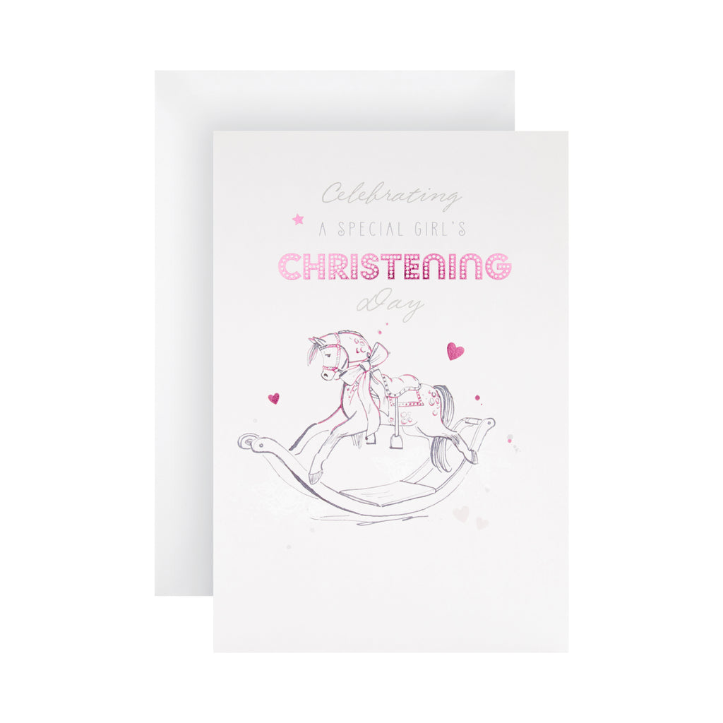 Christening Congratulations Card for Little Girl - Vintage Rocking Horse Design