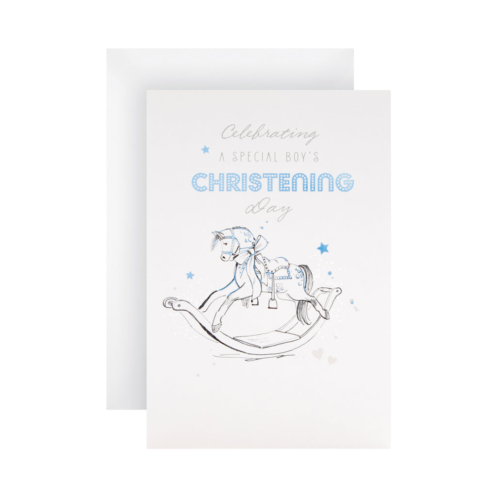 Christening Congratulations Card for Little Boy - Vintage Rocking Horse Design