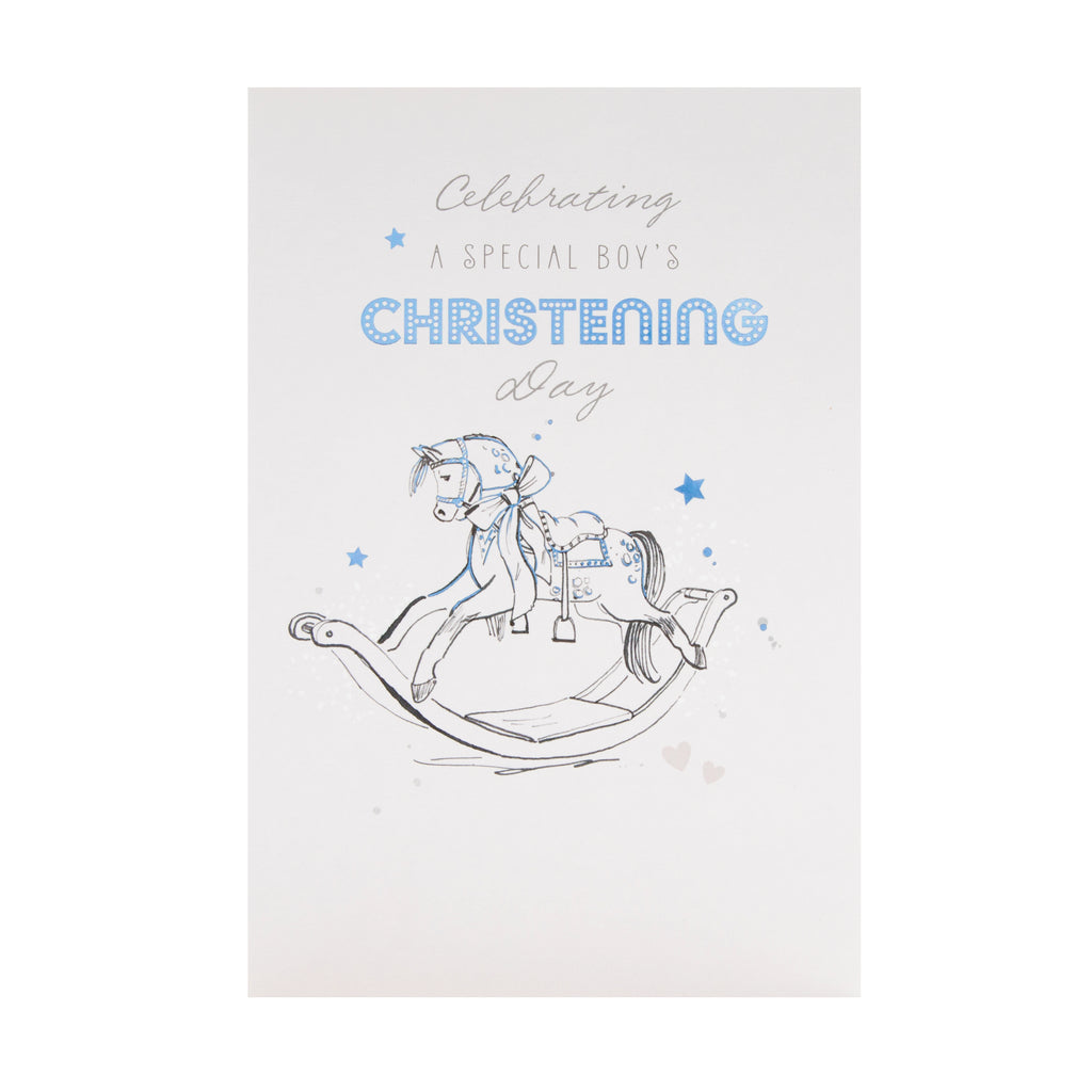 Christening Congratulations Card for Little Boy - Vintage Rocking Horse Design