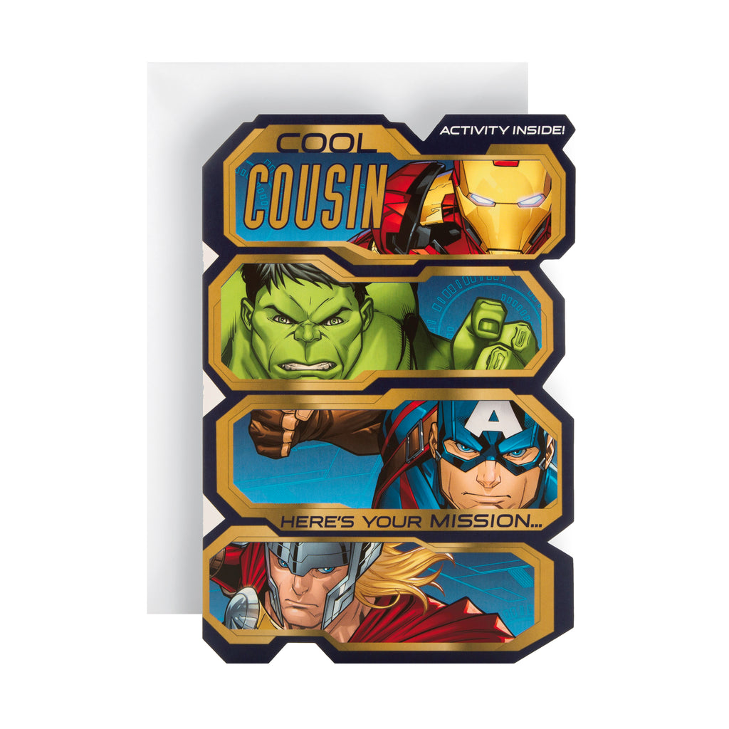 Birthday Card for Cousin - Marvel Avengers Design with Fun Activity