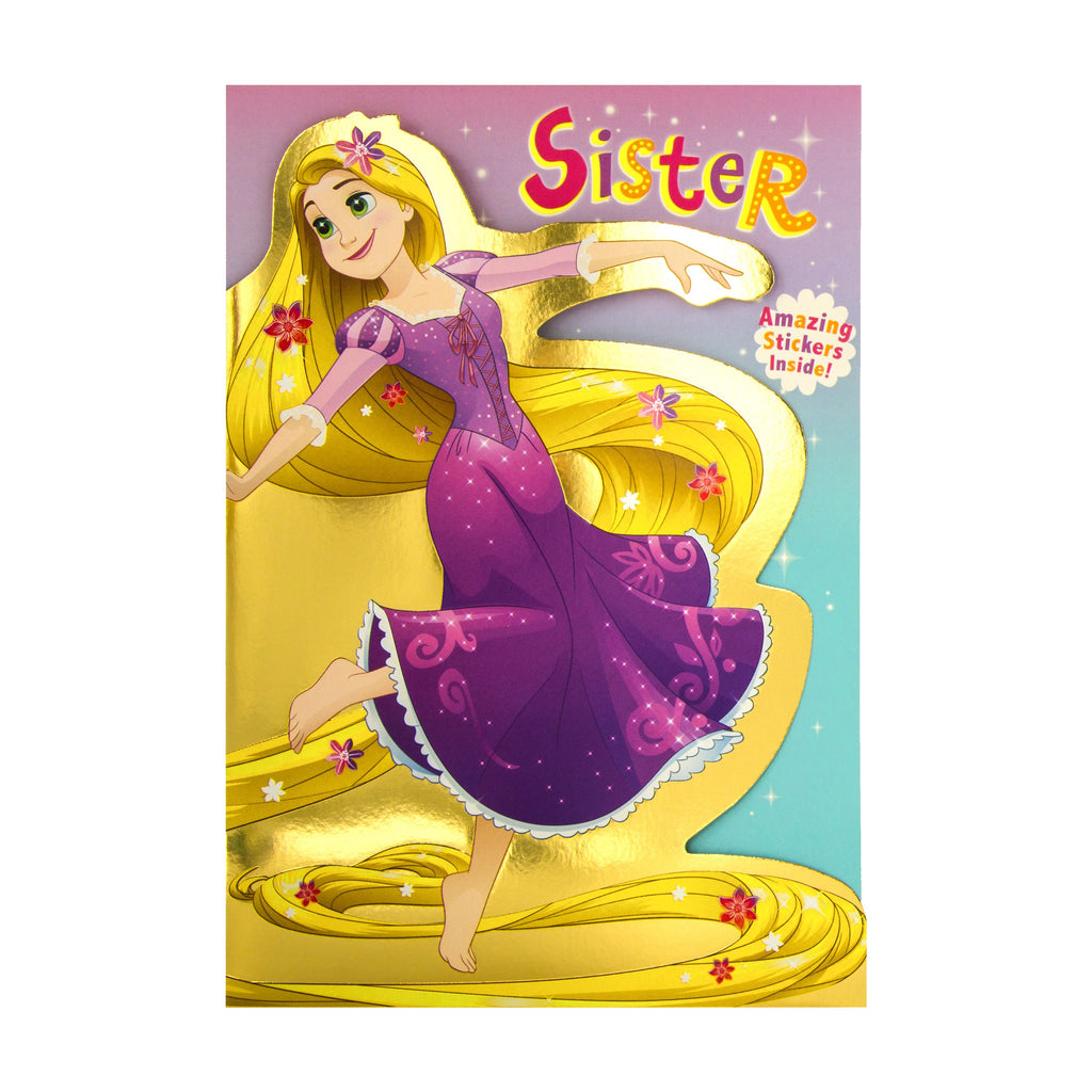 Birthday Card for Sister - Die-cut Disney Princess Rapunzel Design with Sticker Sheet Included