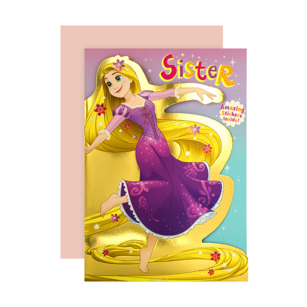 Birthday Card for Sister - Die-cut Disney Princess Rapunzel Design with Sticker Sheet Included