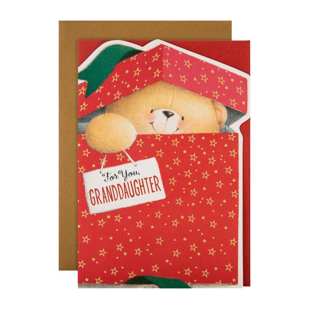 Christmas Card for Granddaughter - Cute Forever Friends Die Cut Parcel Design with Gold Foil