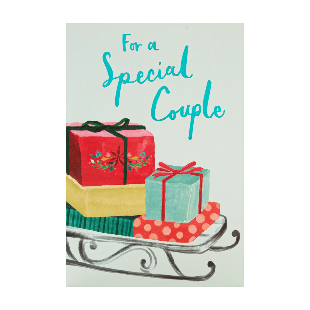 Christmas Card for Special Couple - Traditional Sled and Parcels Design with Blue Foil