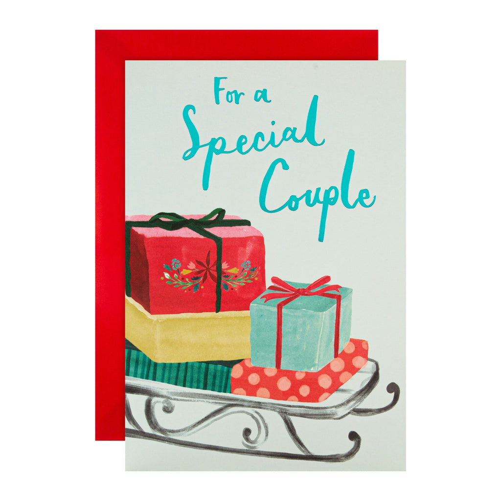 Christmas Card for Special Couple - Traditional Sled and Parcels Design with Blue Foil
