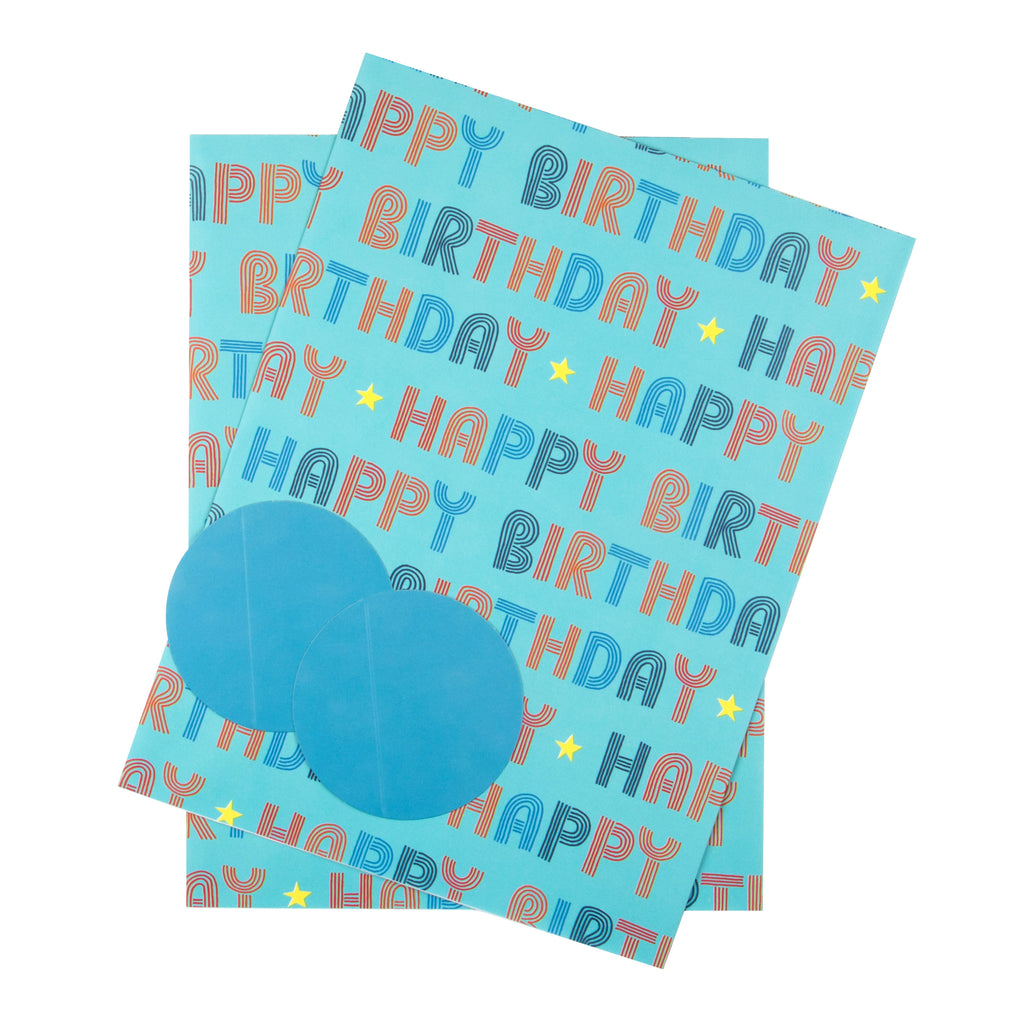 Birthday Wrapping Paper and Gift Tag Duo Pack - Happy Birthday Text Design (Blue)