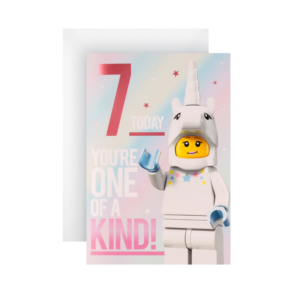 7th Birthday Card - Lego Girl in Unicorn Suit Design