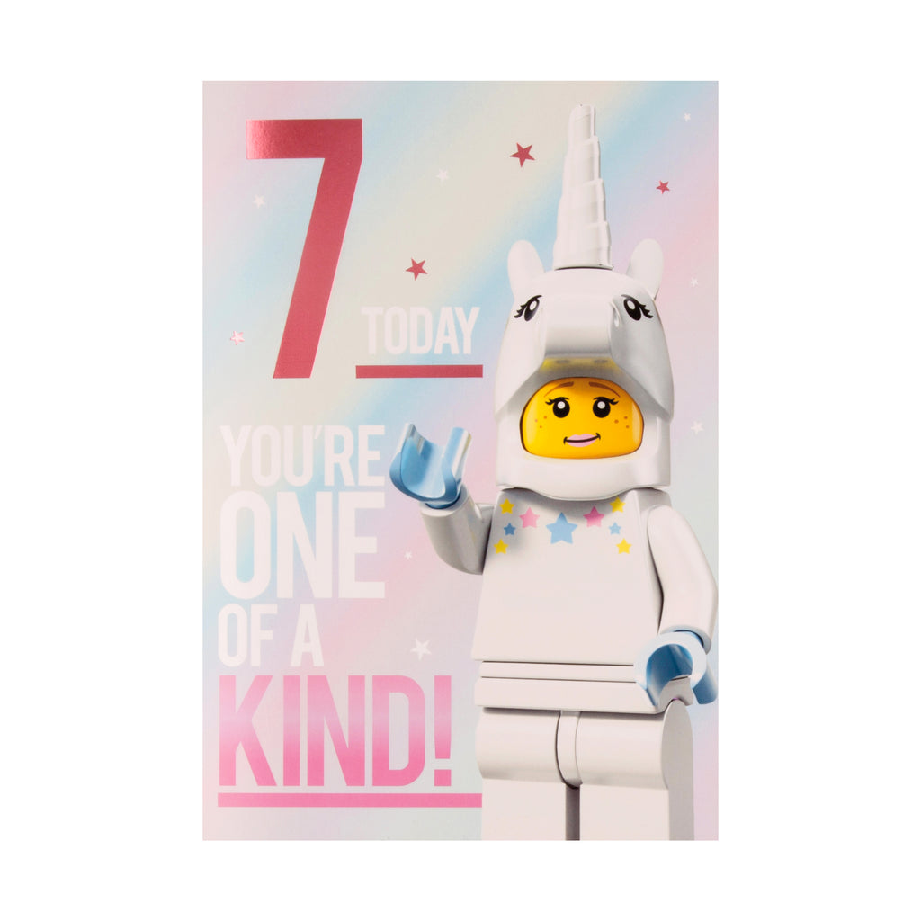 7th Birthday Card - Lego Girl in Unicorn Suit Design