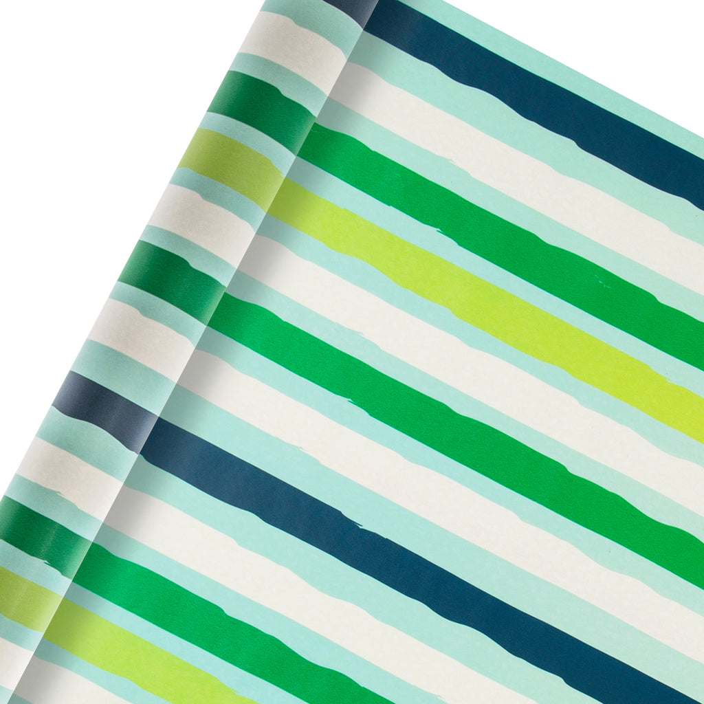 2m Roll of Multi-Occasion Wrapping Paper - Green and Blue Stripe Design