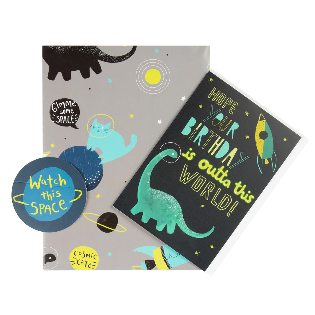 Kids' Birthday Wrapping Paper, Card and Gift Tag Pack - Space Dinosaurs Design