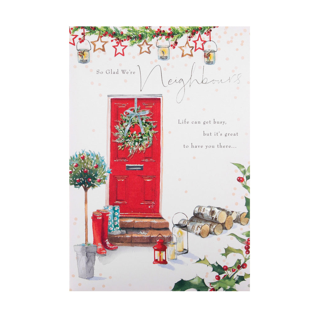 Christmas Card for Neighbours - Traditional Lucy Cromwell Design with Silver Foil