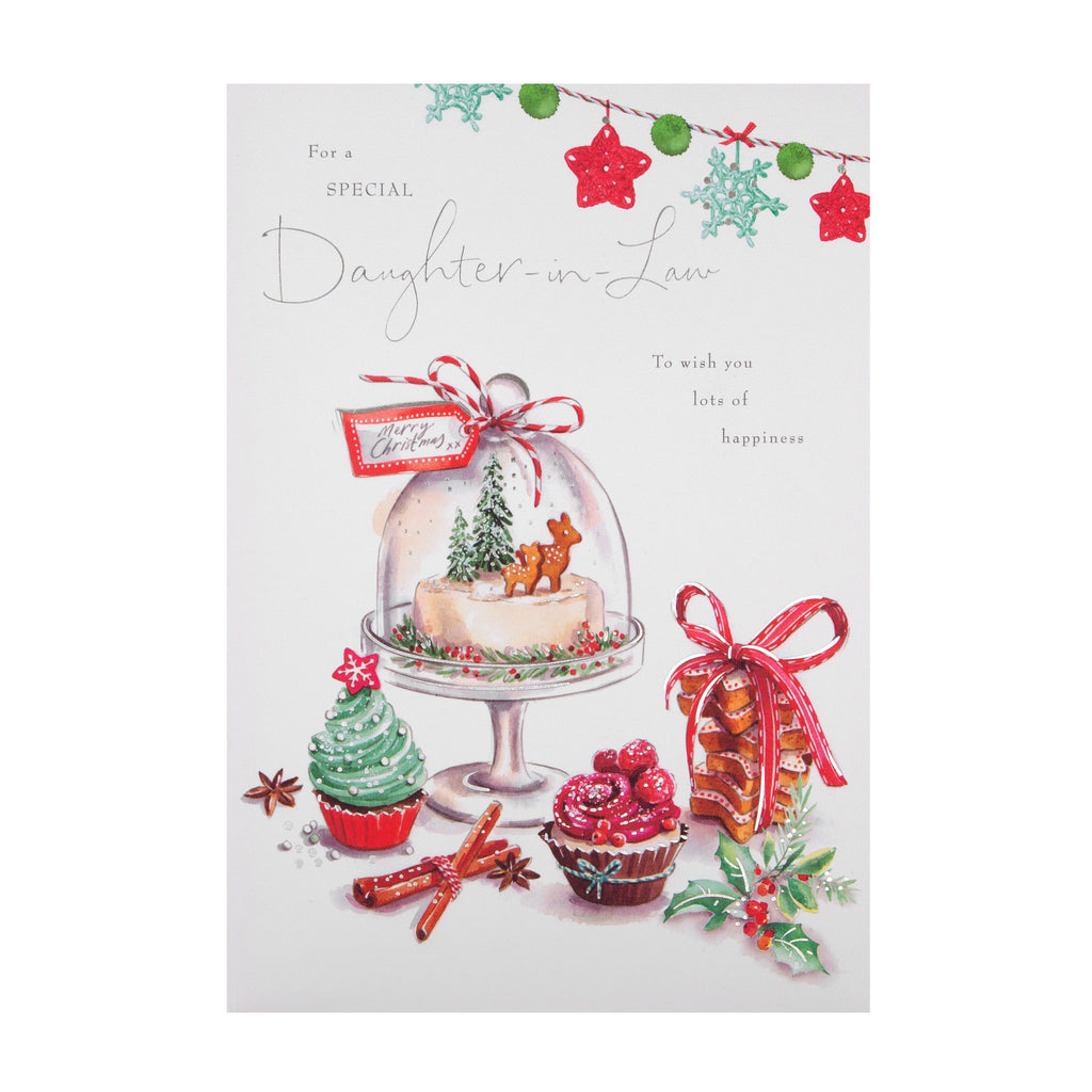Christmas Card for Daughter In Law - Traditional Lucy Cromwell Design with Silver Foil