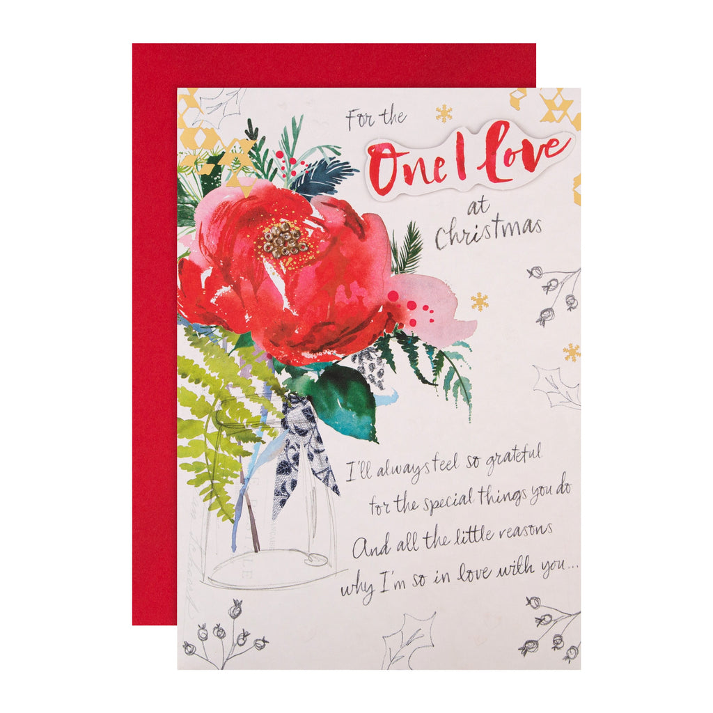 Christmas Card for The One I Love - Classic Winter Flowers Design with Gold Foil and 3D Add On