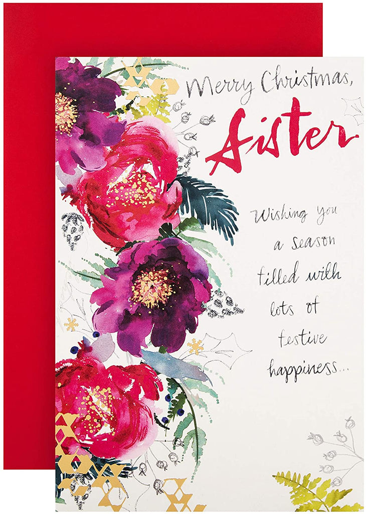 Christmas Card for Sister - Watercolour Floral Design