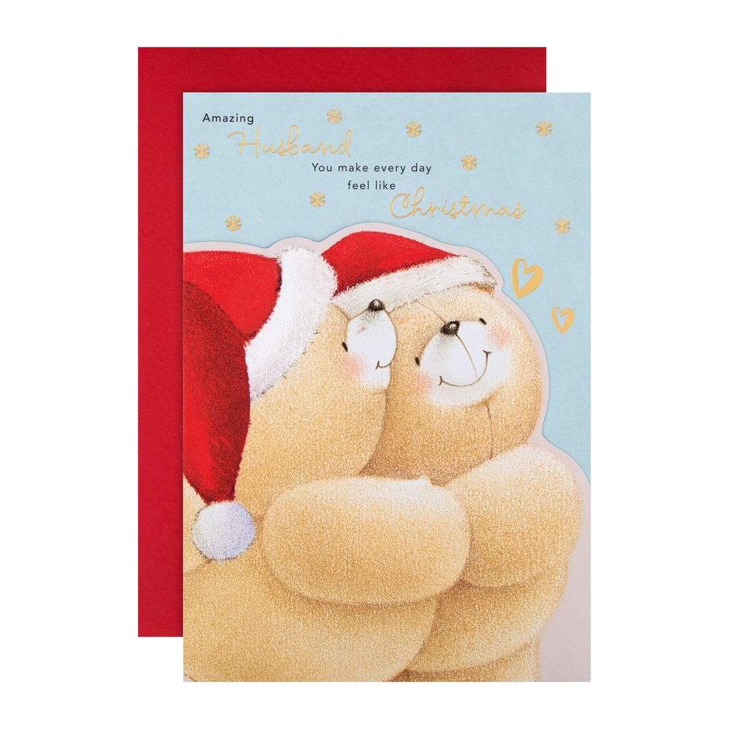 Christmas Card for Husband - Cute Forever Friends Hug Design with Gold Foil